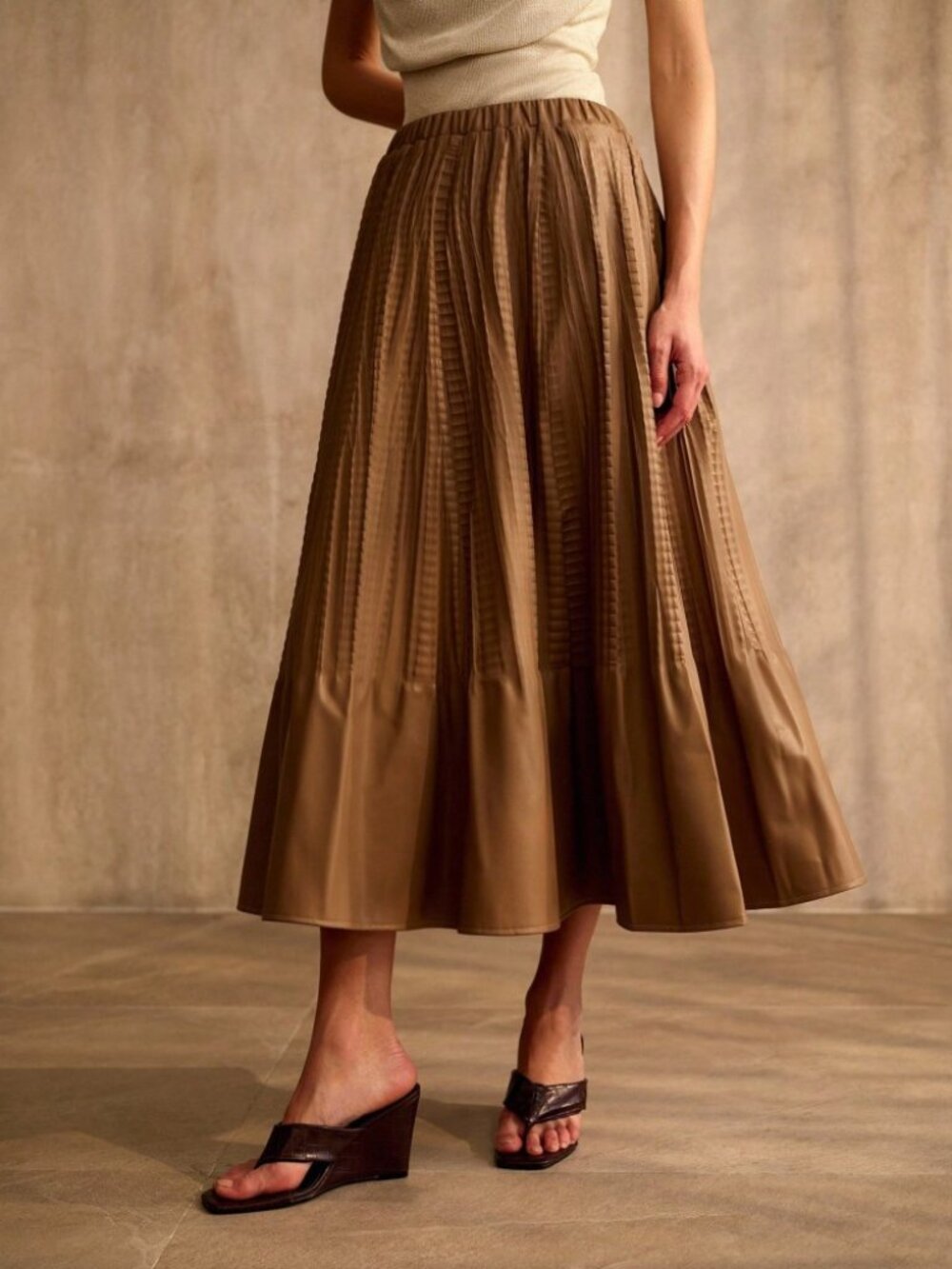 Brown Faux Leather Crinkled Pleated Elastic Waist A-Line Maxi Skirt - Picture 3 of 7